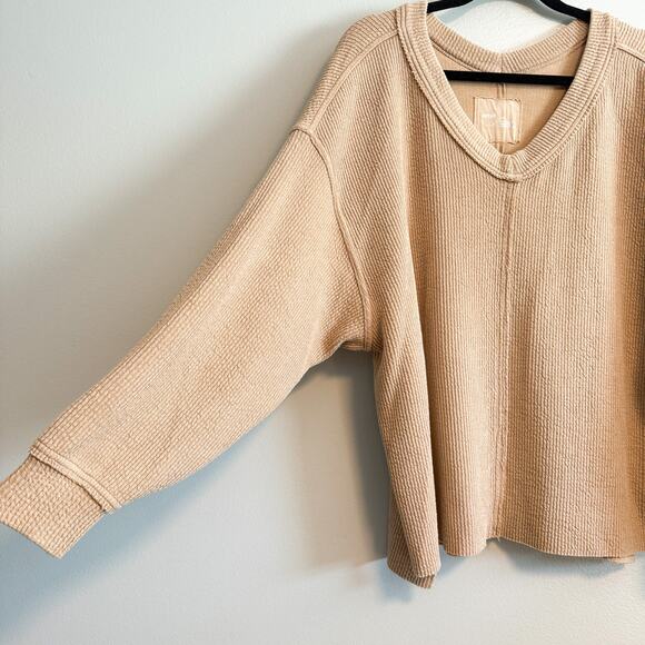 Aerie Waffle Knit Oversized Slouchy V-Neck Sweatshirt Tan Size M - Picture 6 of 14